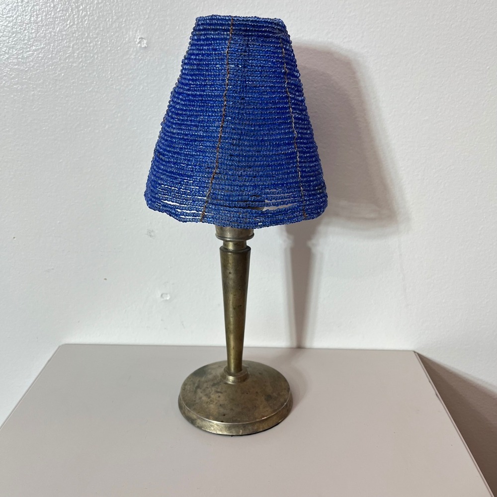 Pottery Barn Blue  Beaded Brass‎ Stand Votive Fairy Lamp 12"